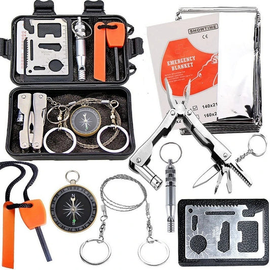 Kit de survie compact 7 outils inox en boîte rigide 16,5 cm