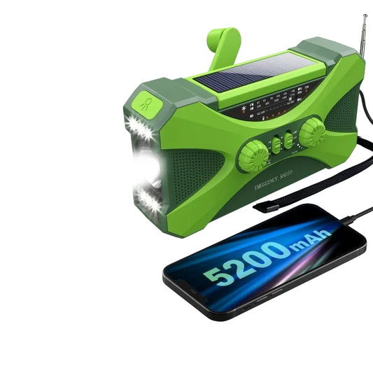Radio d’urgence FM/AM solaire à manivelle 10 000 mAh USB-C avec lampe