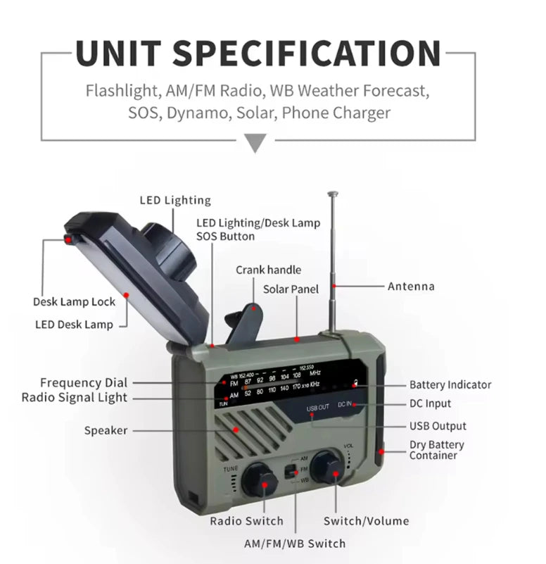 Lampe torche radio dynamo solaire 2000 mAh avec powerbank USB