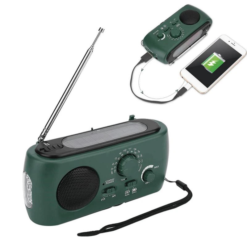 Radio d’urgence solaire à manivelle AM/FM, lampe LED, USB 5 V